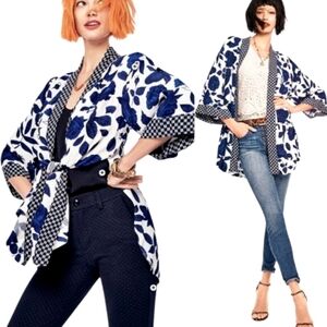 Cabi Botanical Kimono Blue White Mixed Print Open Front Sz XS/S